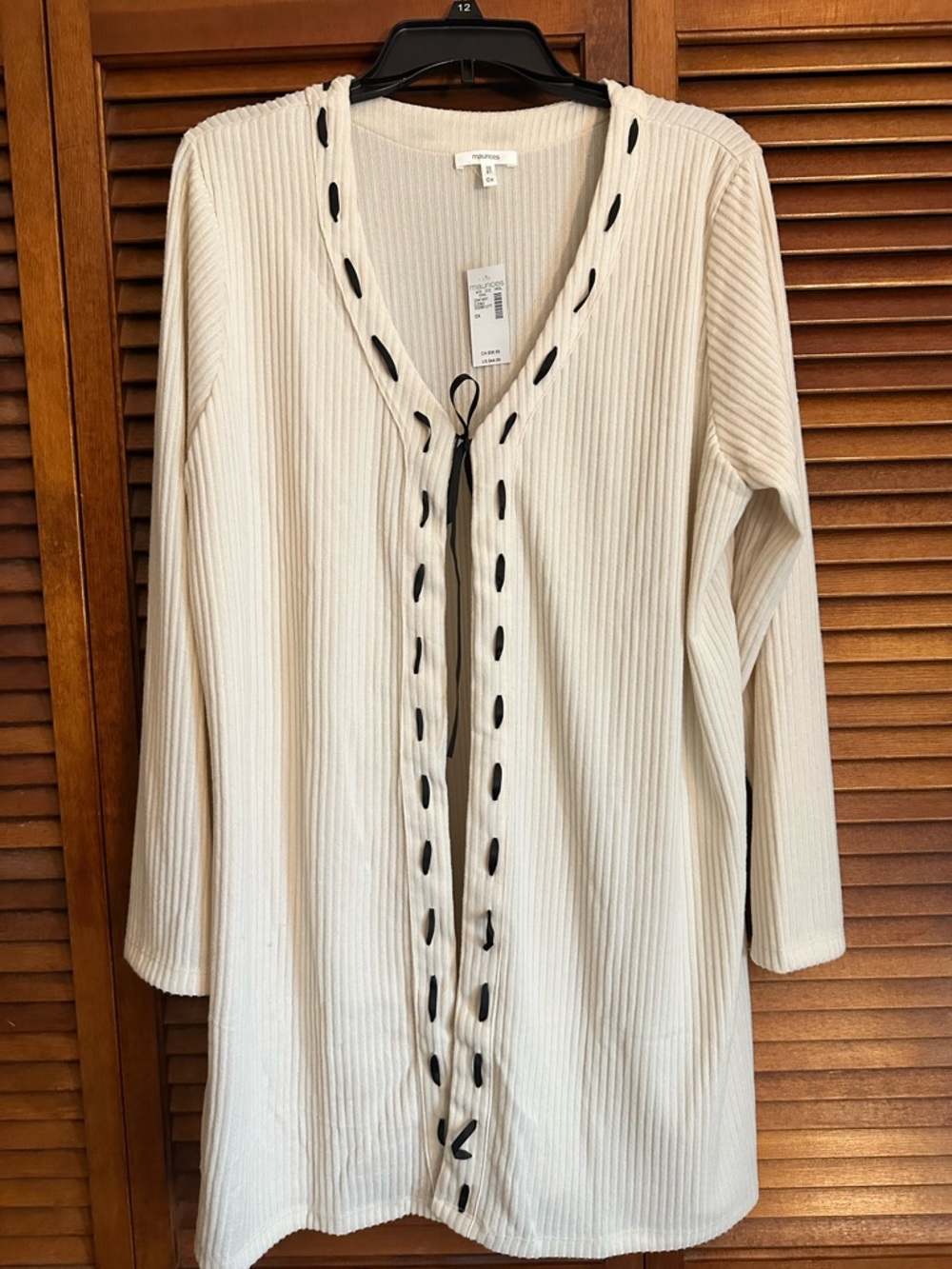 Maurices Cream Ribbed Open Cardigan with Black Ribbon Trim